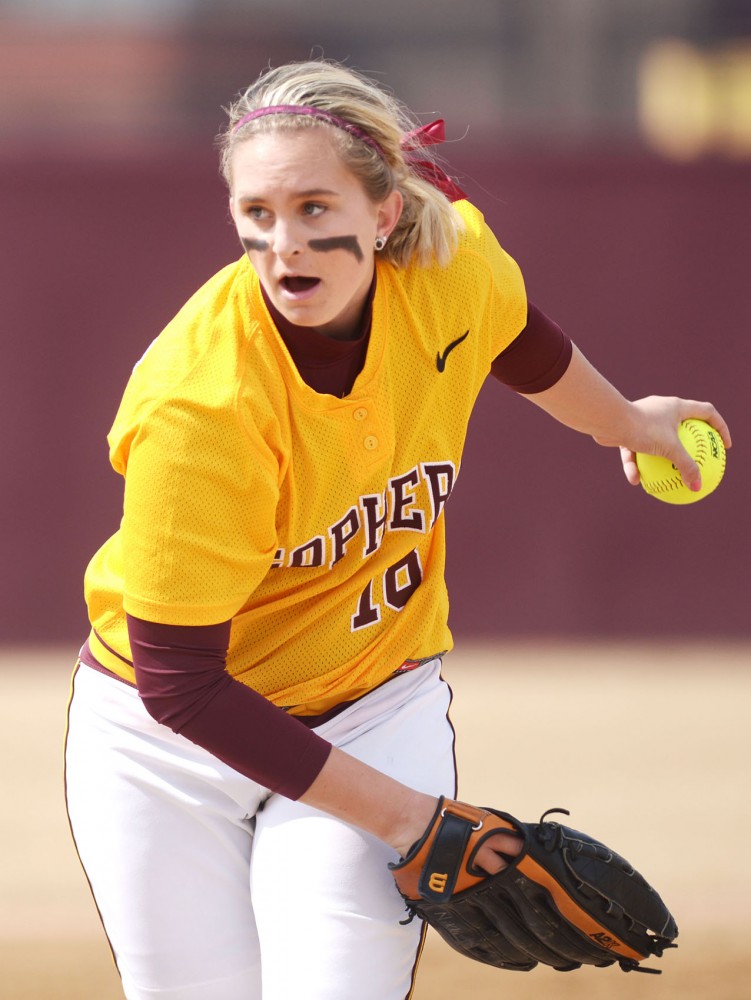 Minnesota pitcher Nikki Anderson pitches during a double header against Madison on Sunday, April 7, 2013, at Jane Sage Cowles Stadium.