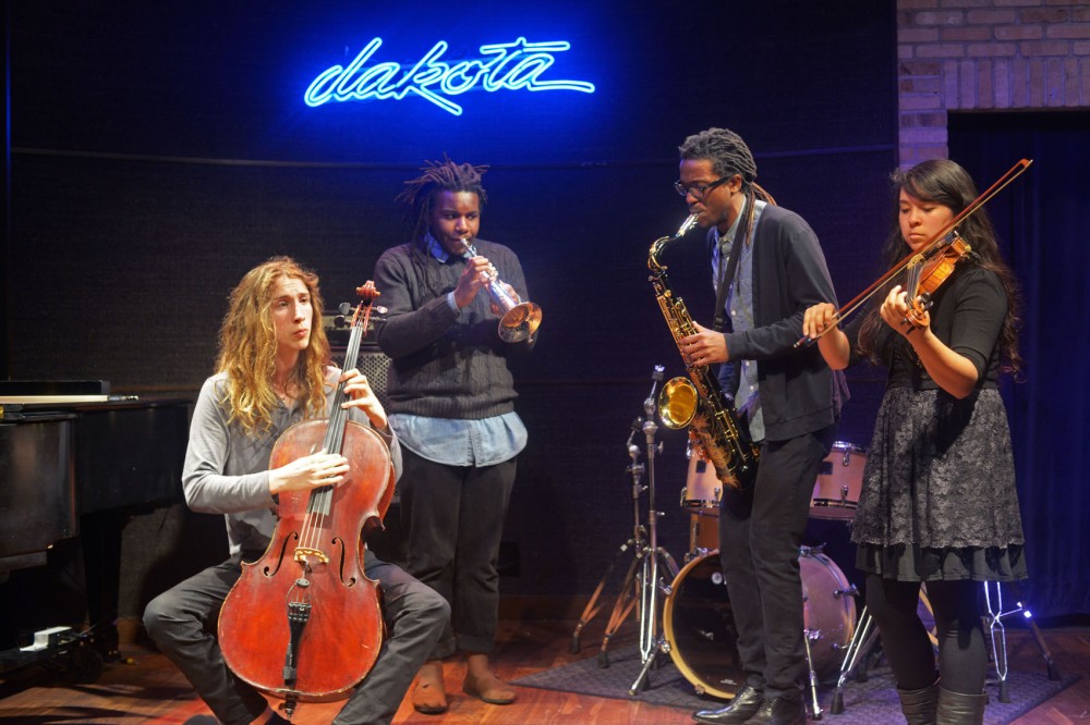 Freeman Ryan, Decarlo Jackson, Devante Jackson, and Zosha Warpeha of the PipJazz Youth All-Stars group play together on Tuesday, May 7, 2013, at the Dakota Jazz Club. A fundraiser for the Twin Cities Mobile Jazz Project will be hosted at the Dakota Jazz club from 4-7pm Thursday. 
