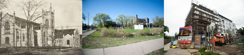 The Andrew Riverside Presbyterian Church in Marcy-Holmes was razed in 2003. Its lot sat vacant for nine years and is now the site of The Elysian, a five-story  apartment complex.
 
Left: Photo courtesy of Andrew Riverside Presbyterian Church, Middle: Daily File Photo, Mark Vancleave, Right: Emily Dunker