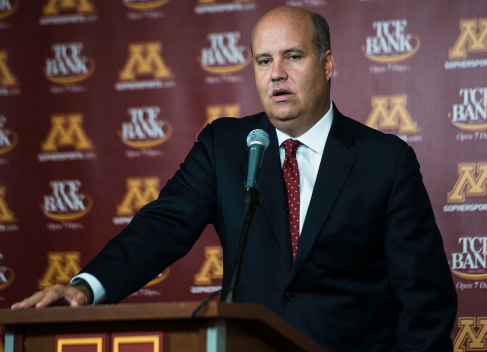 University of Minnesota Athletic Director Norwood Teague addresses questions about football head coach Jerry Kills seizure during Saturdays football game at TCF Bank Stadium on Monday, Sept. 16, 2013. 
