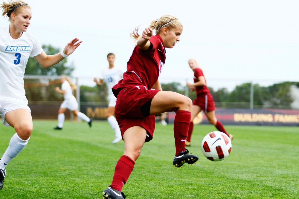 Gophers forward Steph Brandt attempts to take the ball away from San Diego on Sept. 5, 2010, at Elizabeth Lyle Robbie Stadium.