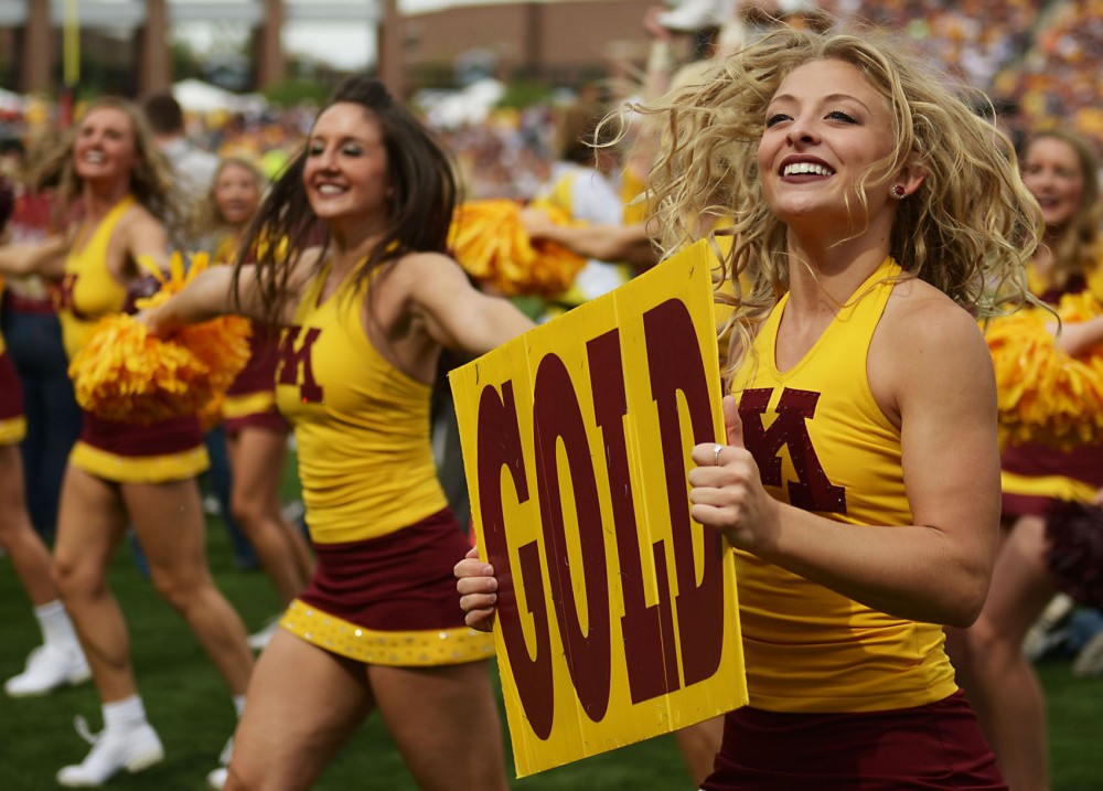 Minnesota cheerleaders rally fans during Thursdays game against West Illinois on Saturday at TCF Bank Stadium. Amanda Snyder/ The Minnesota Daily 2013