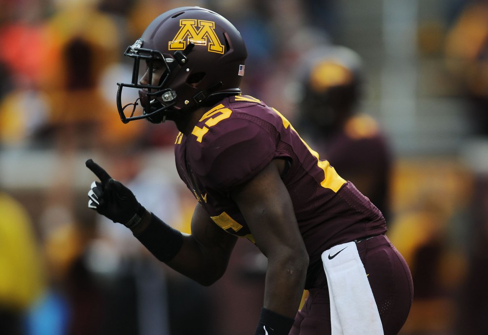 Minnesota kicking receiver Marcus Jones gets ready for a kick off from Iowa on Saturday afternoon at TCF Bank Stadium. Jones ran out of the end zone for 66 yards where  Minnesota went on to score their first touchdown. 