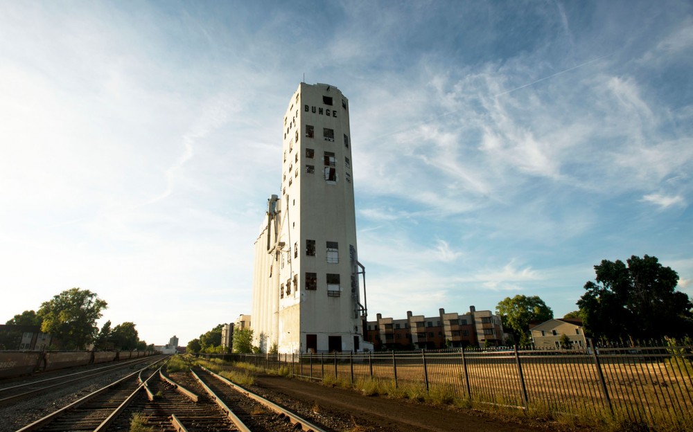 The Bunge Grain Tower, located on the western side of Van Cleve Park. A University of Minnesota student is working to turn the tower into a rock climbing gym. 