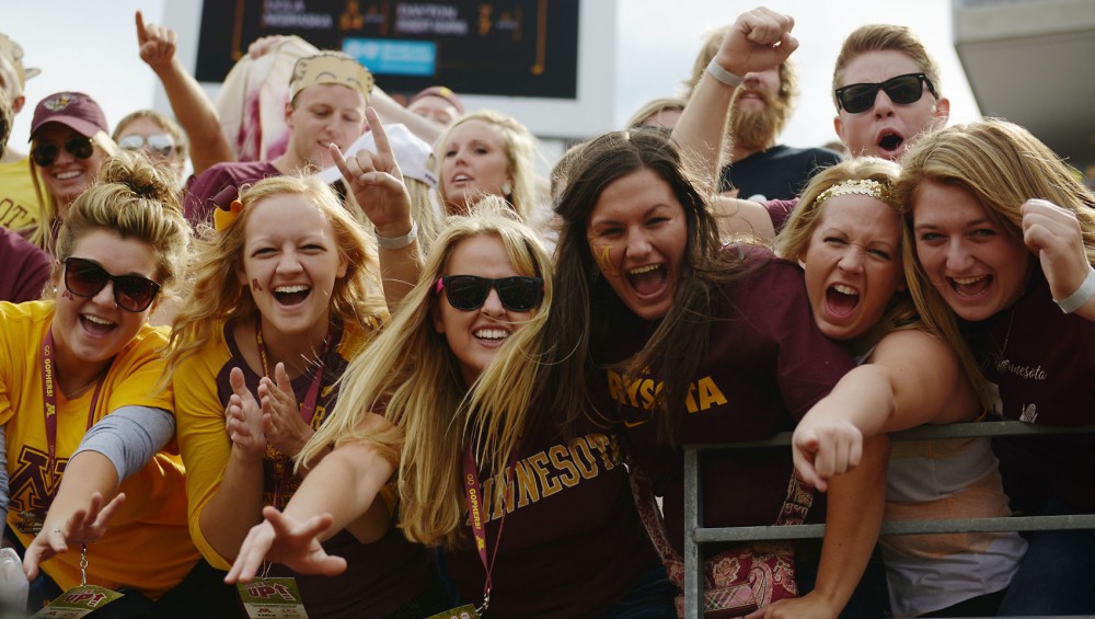 Students cheer for the Gophers against Western Illinois on Saturday, Sept. 14, 2013, at TCF Bank Stadium.