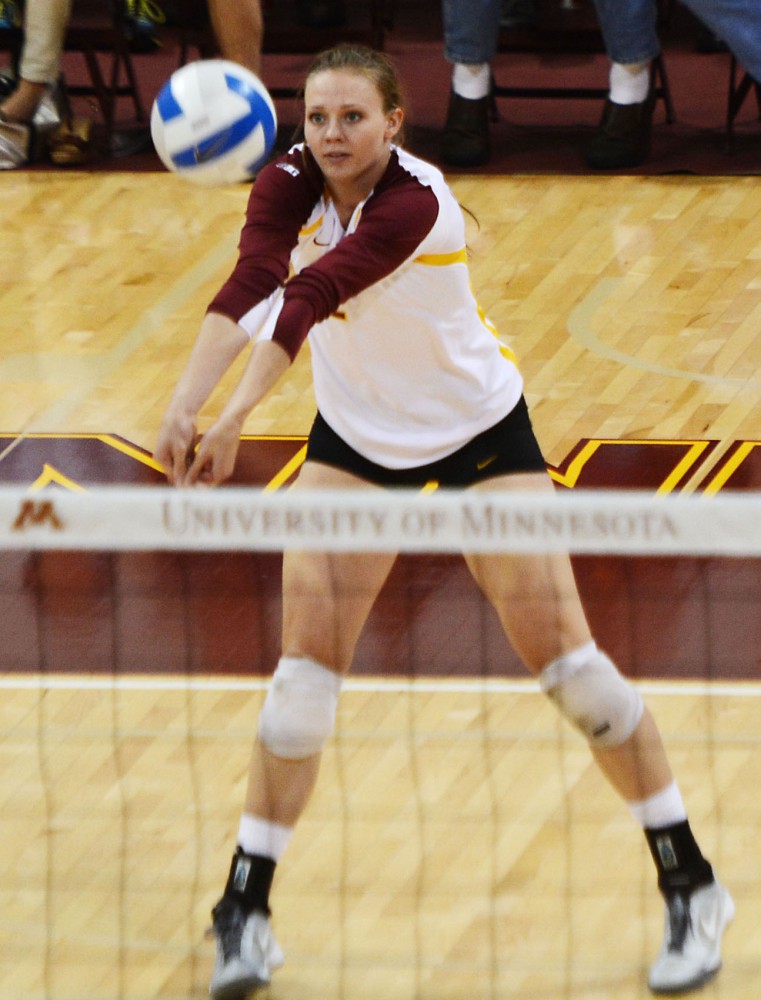 Gophers outside hitter Karlie Hauer passes the ball during a match Saturday, Sept. 28, 2013, at the Sports Pavilion.