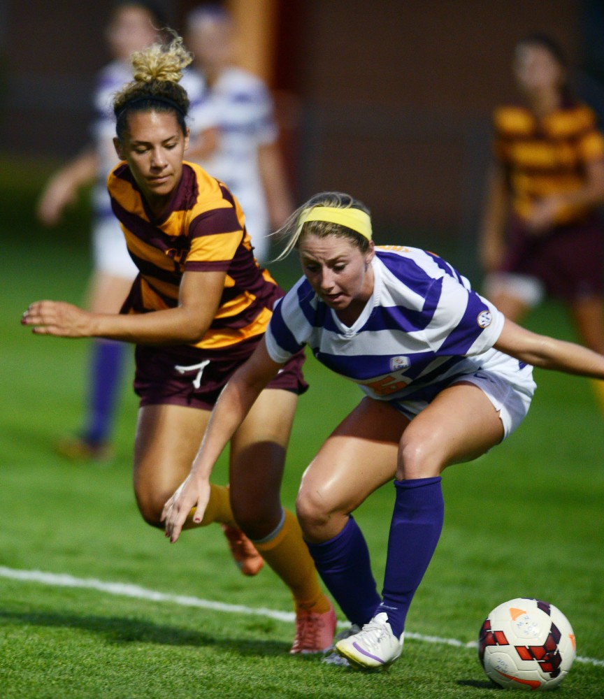 Minnesota defender Taylor Stainbrook tries to get the ball from Louisiana State on Friday, Sept. 6, 2013, at Elizabeth Lyle Robbie stadium. 