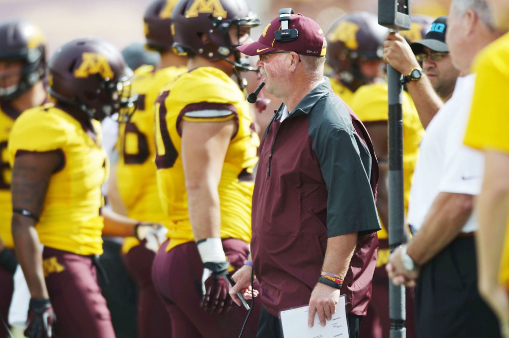 Minnesota head coach Jerry Kill watches on the sidelines in the first half against Western Illinois on Saturday, Sept. 14, 2013, at TCF Bank Stadium.