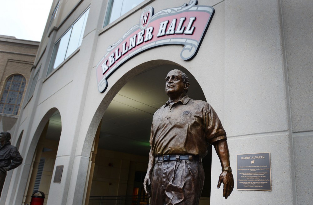 A statue of Barry Alvarez, University of Wisconsin-Madisons previous head football coach and current athletic director outside Camp Randall Stadium in Madison, Wisconsin.