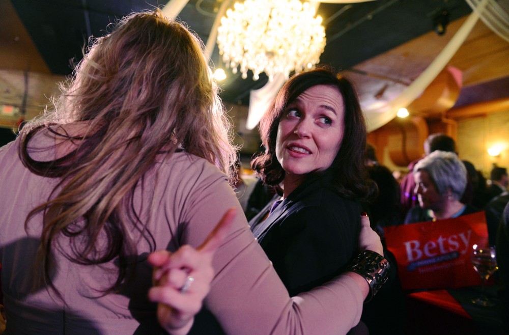 Minneapolis mayoral candidate Betsy Hodges poses with El Nuevo Rodeo owner Maya Santamaria at Hodges election party Tuesday evening. Hodges received the most first-choice votes, landing about 10 points ahead of runner-up Mark Andrew.