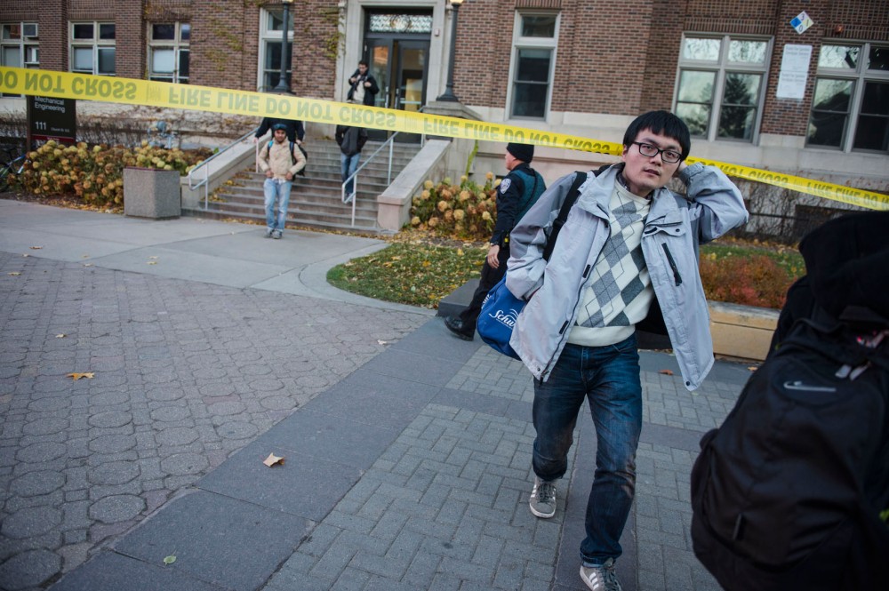 Students and faculty evacuate the Mechanical Engineering building on east bask  Monday around 4:00pm. 