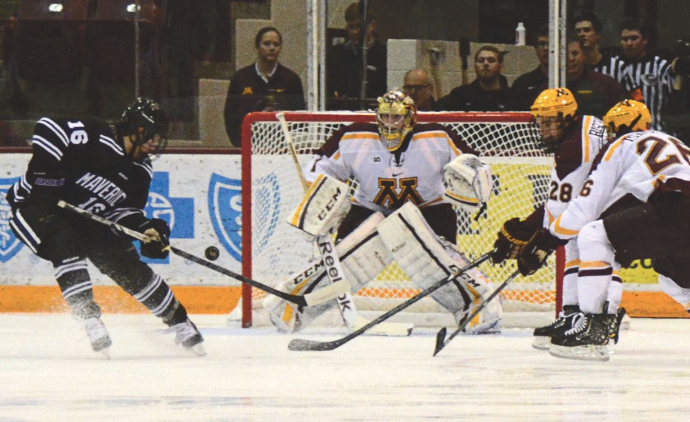 Minnesota goaltender Michael Shibrowski stands in the crease against Minnesota State-Mankato on Saturday. The Gophers swept the Mavericks with the 3-0 win. 