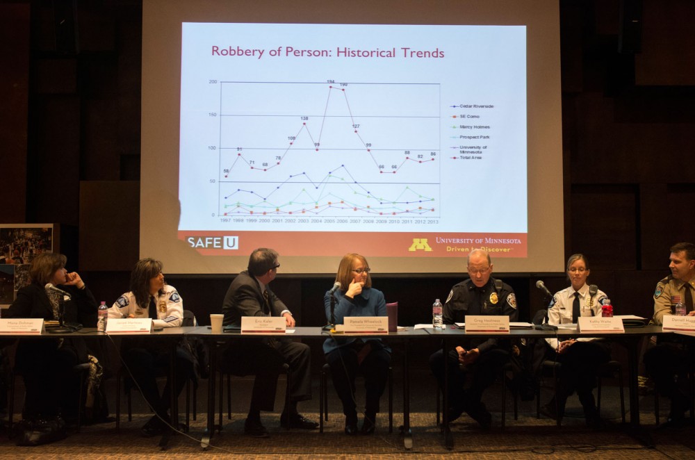 A panel of University faculty, student leaders and Minneapolis officials look and discuss statistics of crime that happens on and around the Universitys Twin Cities campus Tuesday afternoon at McNamara Alumni Center.