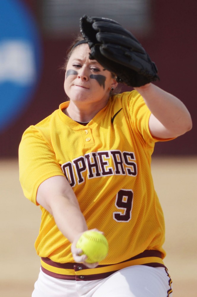 Minnesota junior Sara Moulton pitches during a doubleheader against Wisconsin on Sunday, April 7, 2013, at Jane Sage Cowles Stadium.