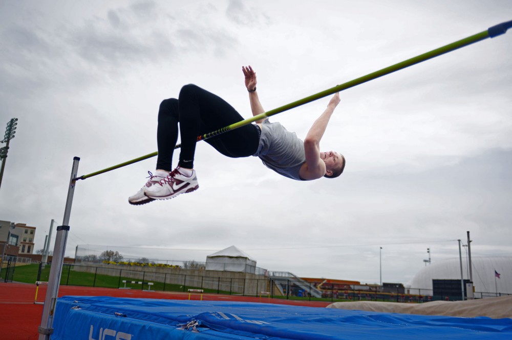Minnesota high jumper Wally Ellenson practices at Bierman Athletic Field on Tuesday, April 30, 2013. 