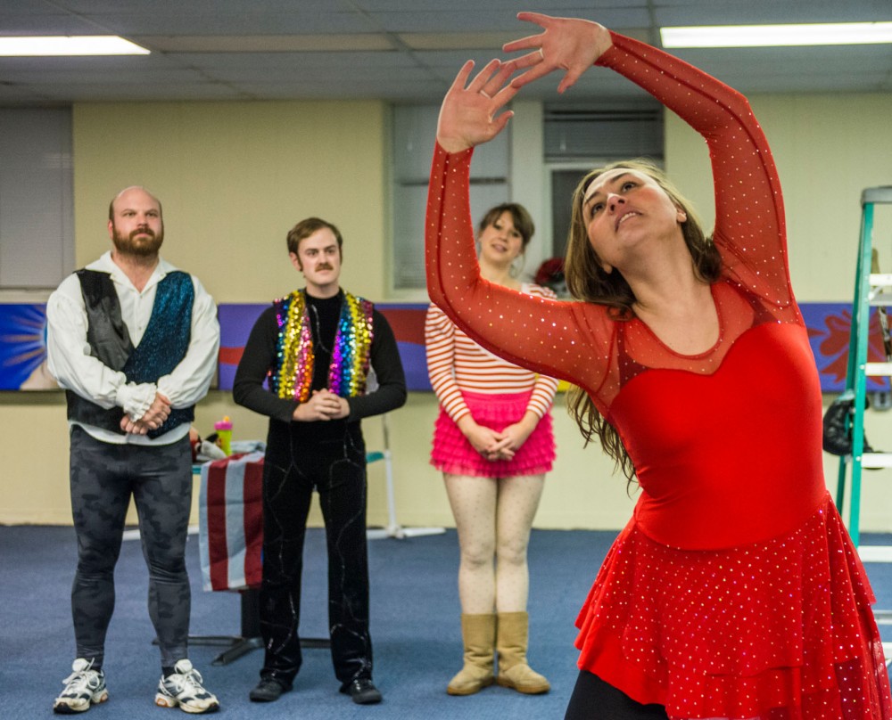 Performers from Mixed Precipitation rehearse in Minneapolis on Tuesday. The company will perform Tonya and Nancy: The Opera at the Amsterdam Bar and Hall on Thursday.