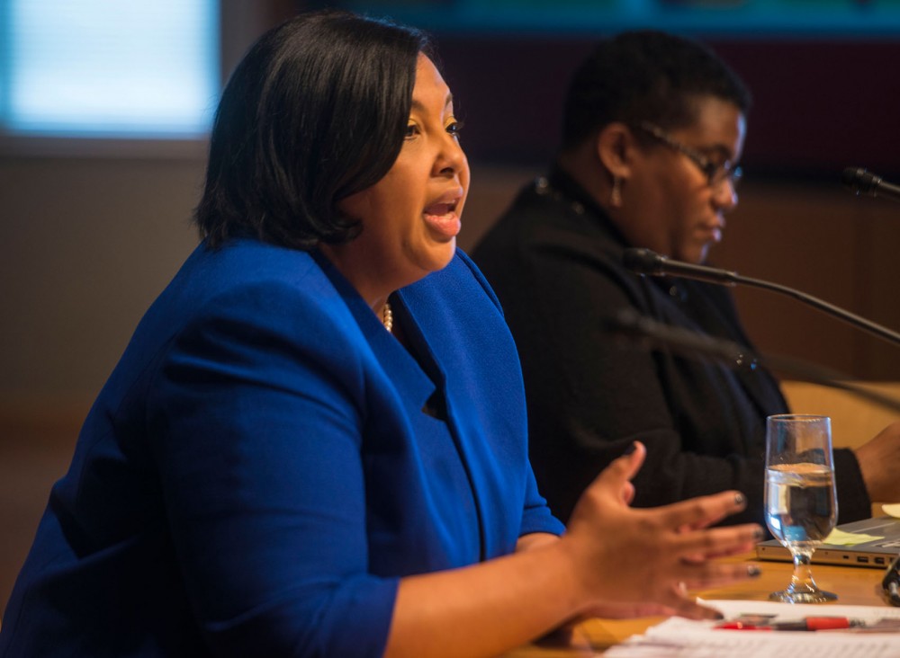 Vice President for Equity and Diversity Katrice Albert presents the Universitys initiatives to increase diversity to the Board of Regents on Feb. 14 at the McNamara Alumni Center.