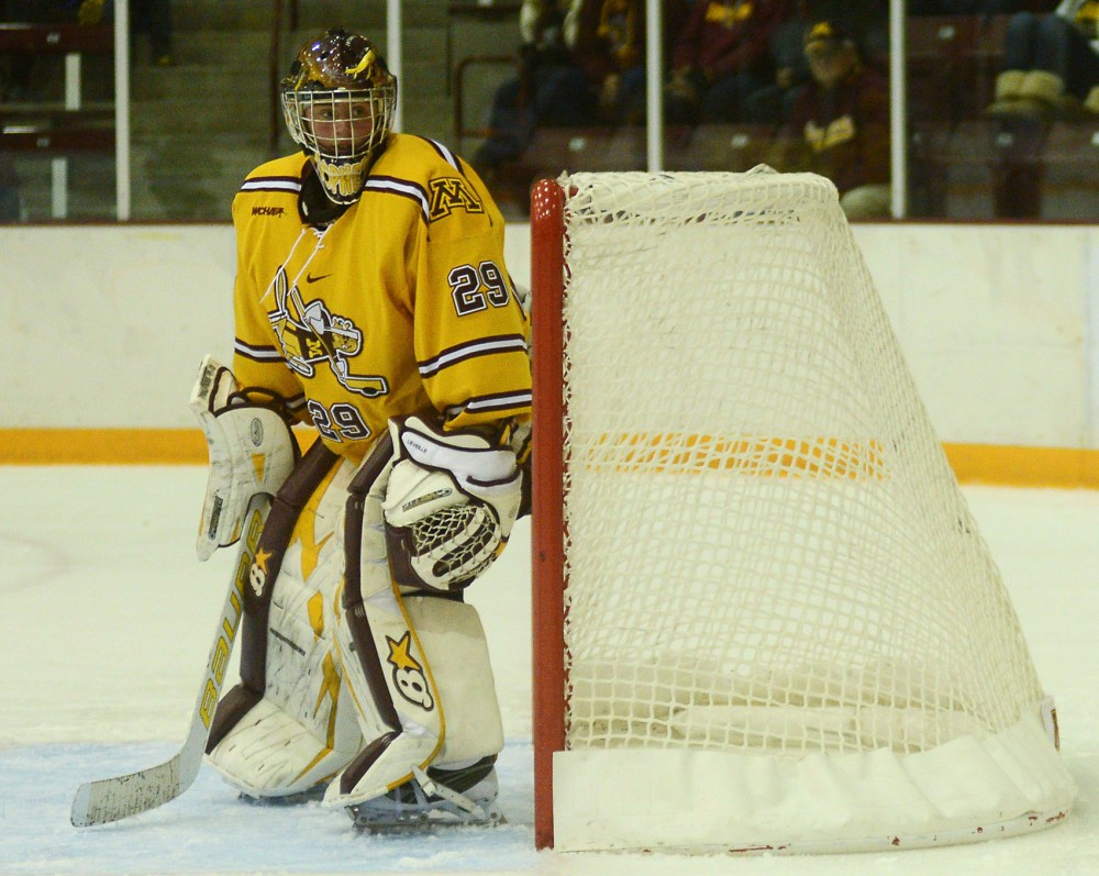 Gophers goaltender Amanda Leveille stands in the crease on Friday, Nov. 1, 2013. Leveille has recorded 13 shutouts this season. 
