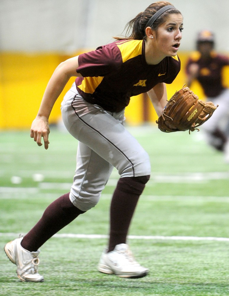 Minnesota Sophomore Kaitlyn Richardson practices with her team Tuesday, March 6, 2012, at the Gibson-Nagurski Football Practice Facility.