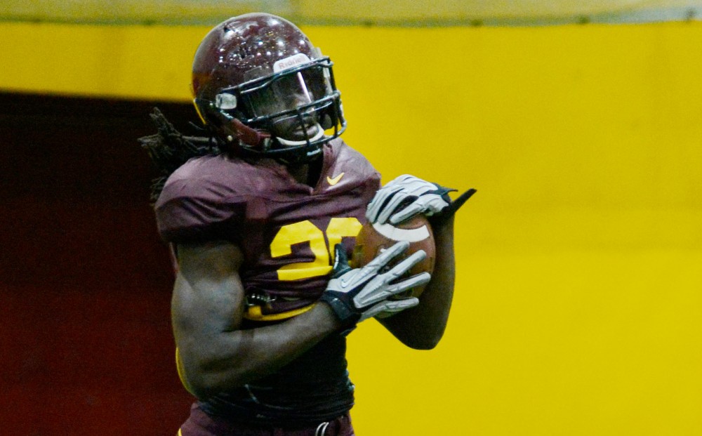Gophers linebacker DeVondre Campbell practices at Gibson-Nagurski Football Complex on Tuesday. Campbell recorded 41 tackles and forced a fumble last season. 