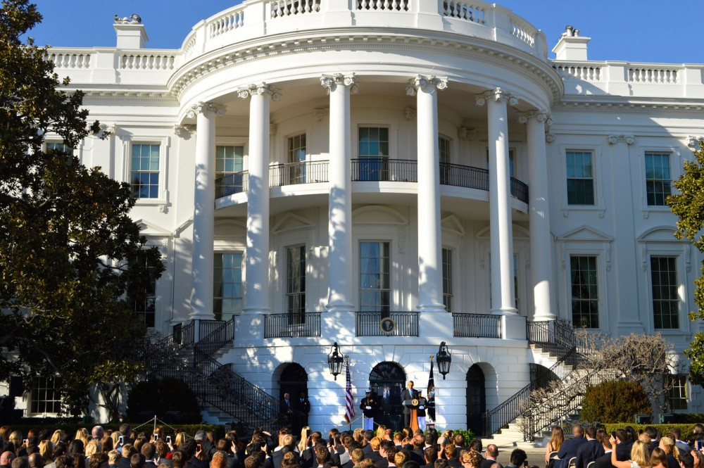 President Barack Obama addresses student athletes on the South Lawn of the White House in Washington D.C. on Monday, March 10, 2014. The Gophers womens hockey team was honored at the event. 
