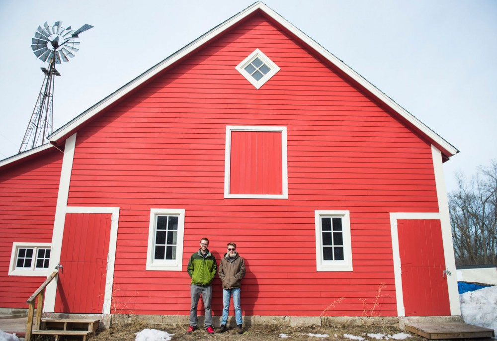 Ben Boo and Eric Sannerud at Sanneruds family farm March 16 in Ham Lake, Minn. The farm has been in Sanneruds family for four generations and will be the new home for Mighty Axe Hops.