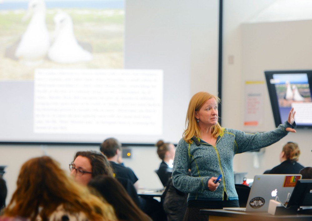 University professor Sehoya Cotner describes a study about homosexual relationships in a species of bird during her Evolution and Biology of Sex class on Monday morning in STSS.
