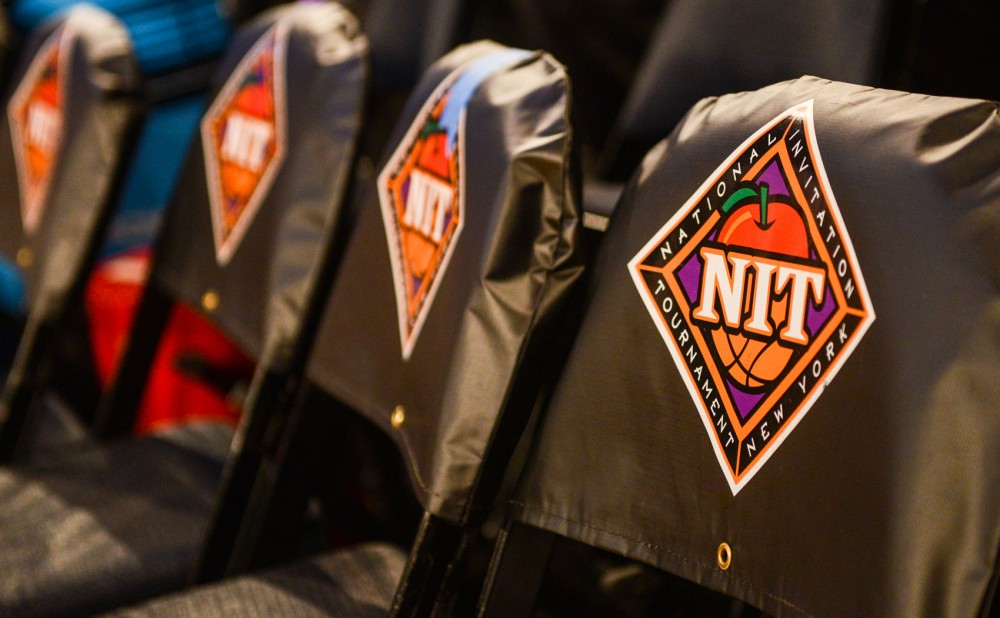 The Gophers mens basketball teams chairs are covered with the Nation Invitation Tournament logo, Tuesday evening during the semifinal game at Madison Square Garden in New York, N.Y.