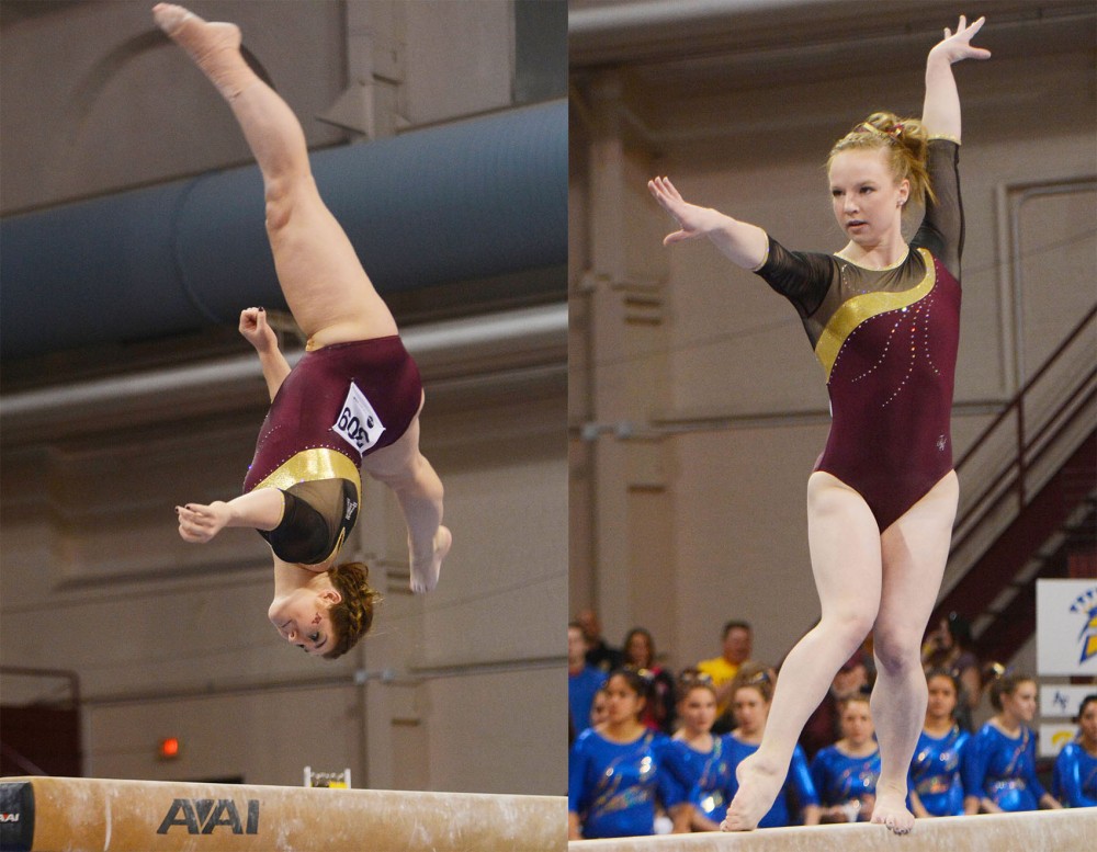 Hanna Nordquist, left, and Lindsay Mable, right, execute their beam routines at the NCAA Regional competition at the Sports Pavilion on Sunday. Nordquist tied for first on the balance beam with teammate Lindsay Mable and both qualified for the NCAA Individual Event Finals. 