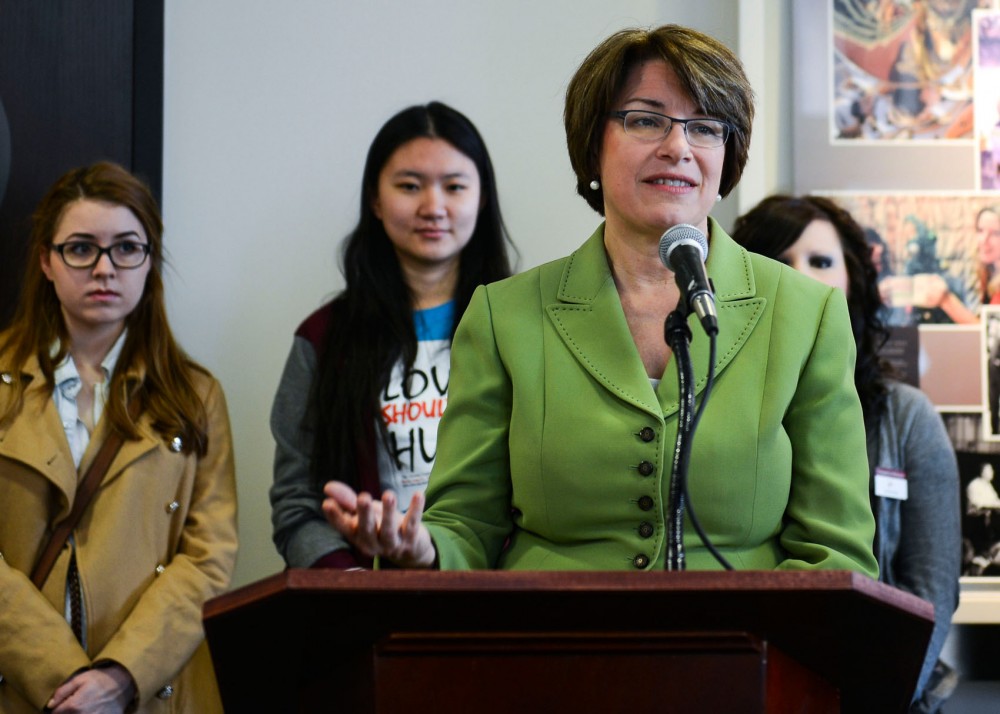 Senator Amy Klobuchar, D-Minn, speaks at a press conference on Friday morning at Coffman Memorial. On Thursday, the Education Department revealed a list of 55 colleges under investigation for their responses to sexual assault allegations. Although the University was not on the list, sexual assault is still a concern on campus.
