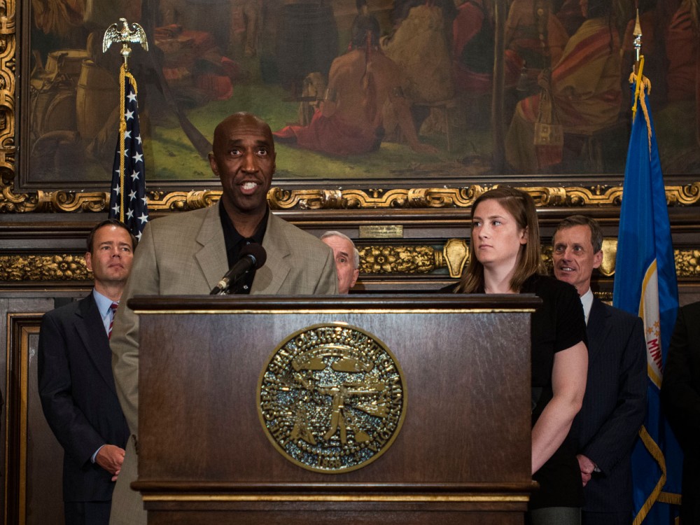 Former gophers basketball player Trent Tucker, left, talks about Minnesotas bid to host the NCAA Final Four Tournament in 2019 or 2020 . Tucker and former gophers basketball player Lindsay Whalen are honorary co-chairs to help support the bid.