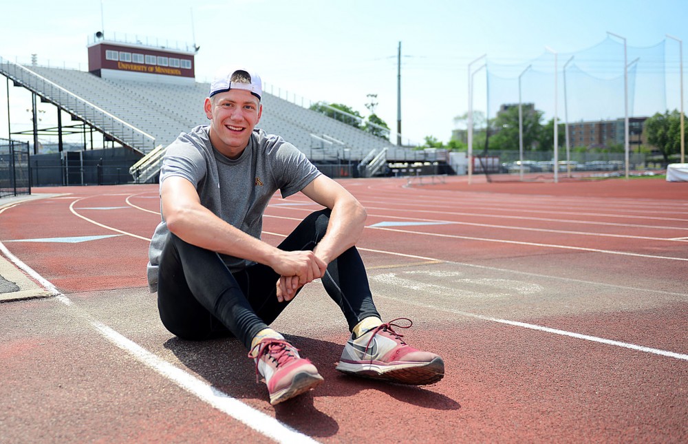 Sophomore Wally Ellenson sits on the Bierman Track on Thursday.  Ellenson will be making his second consecutive appearance at NCAA outdoor track and fields championships and finished 8th overall in the high jump at last year. 