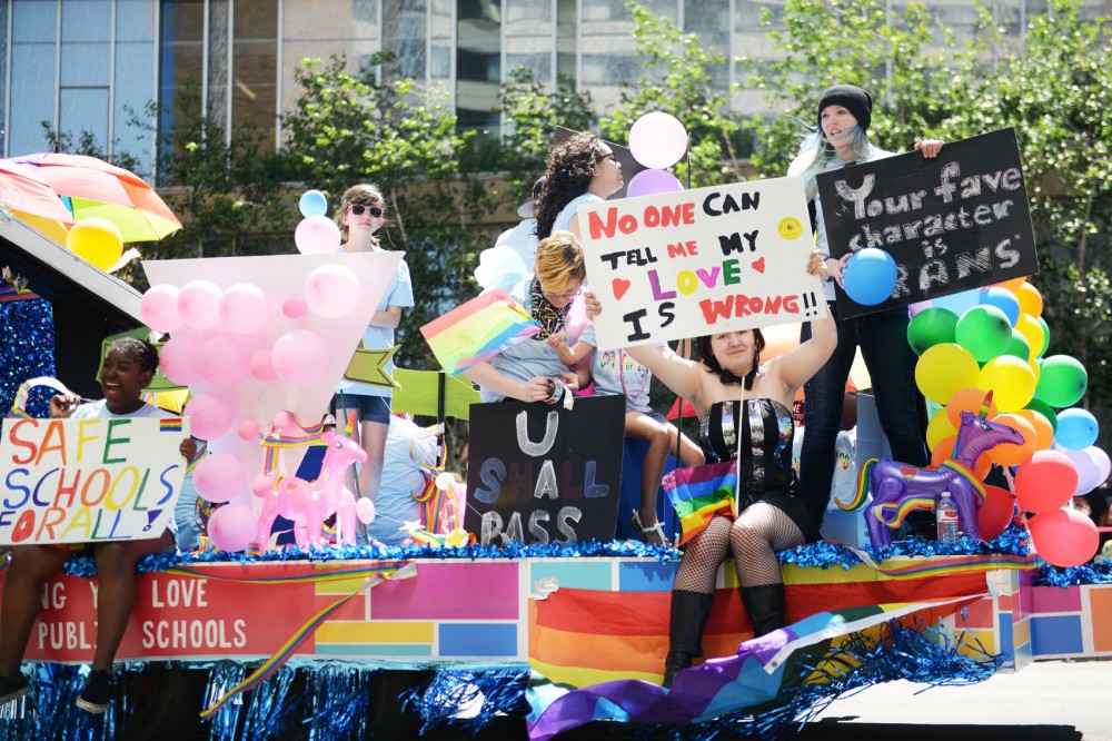 A float passes during the Twin Cities Pride parade in Minneapolis on Sunday. 