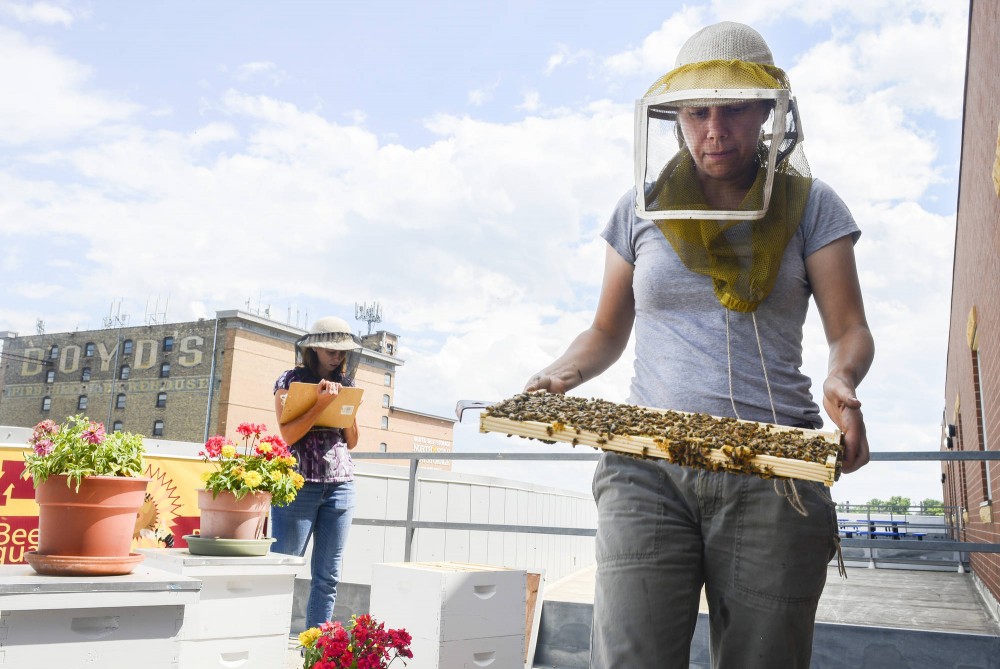 Bee Squad team member Chris Kulhanek carries a frame from a hive at the rooftop apiary at Urban Ventures in south Minneapolis on Monday afternoon. Recent state allocations will partially fund the construction of a new University Bee Lab on the St. Paul campus.