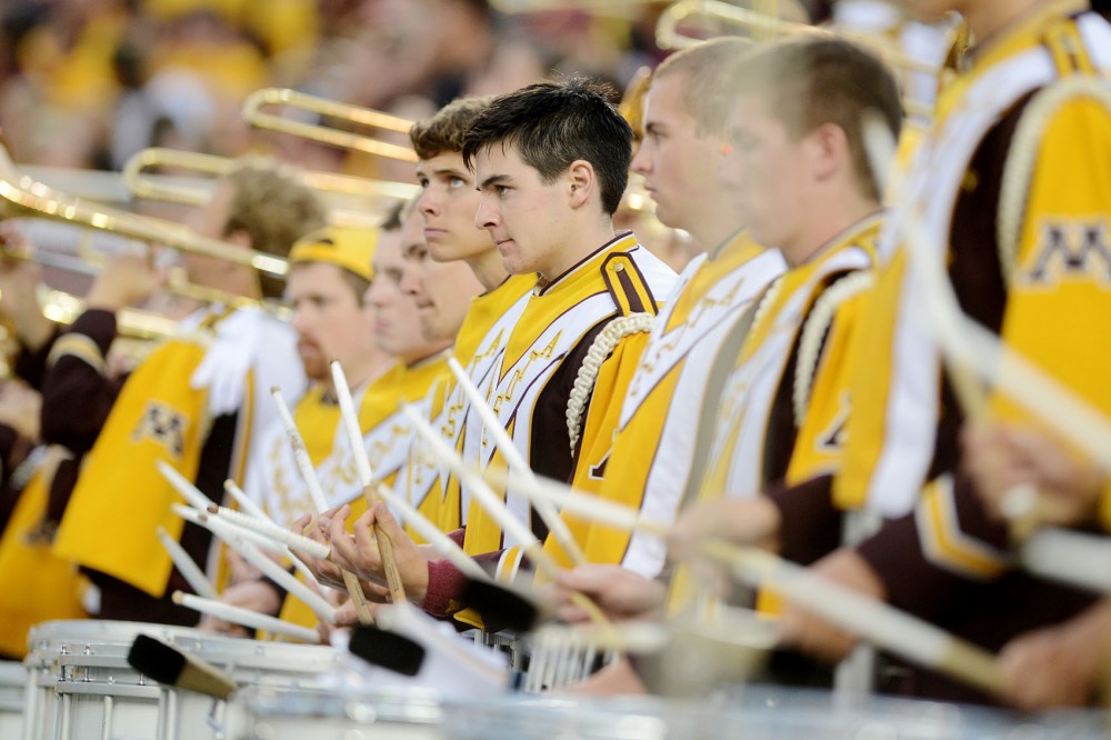 Minnesota marching band plays during Minnesota Gopherss game against Eastern Illinois Panthers Thursday evening at TCF Bank Stadium. 