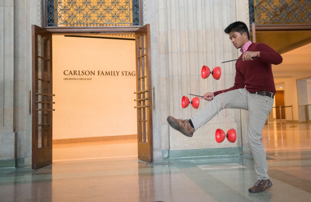 Sophomore and vice-president of the Universitys Juggling Club Yang Yang Sim practices the Diabolo Wednesday afternoon at Northrop.  