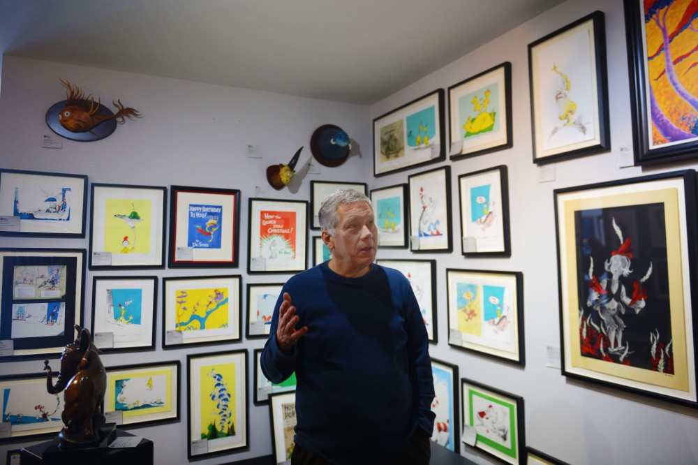 Steve Danko, founder of Jean Stephens Gallery, looks at current Dr. Suess artwork Monday afternoon at the Jean Stephens Gallery. The New York Public Library estate created an exhibit to commemorate the works of Dr. Seuss and the 75th anniversary of Seusss second book, the 500 hats of Bartholemew Cubbin. The exhibit opens Nov. 21st.