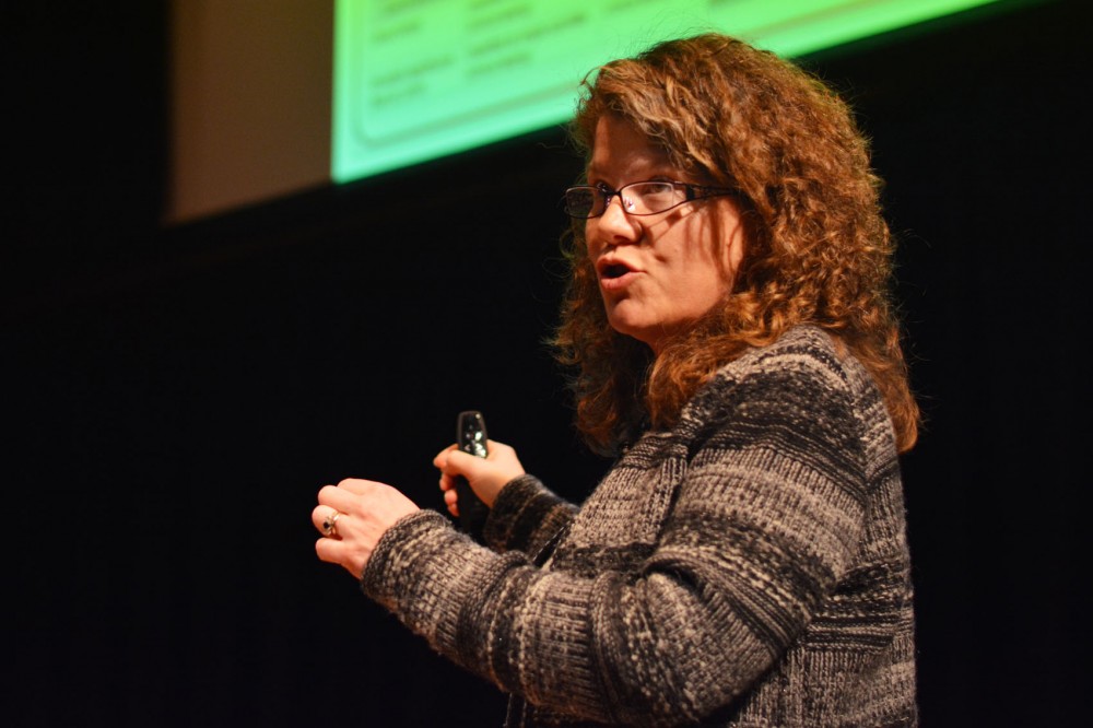 Heidi  Rehm speaks on genomic variant interpretation at the Consortium on Law and Values in Health, Environment and the Life Sciences at Northrop Auditoriums Best Buy Theater on Thursday.