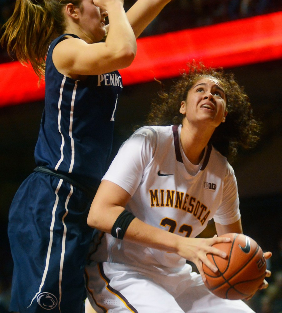 Redshirt sophomore center Amanda Zahui B. looks to go up for a shot against Penn State at Williams Arena on Jan. 28.