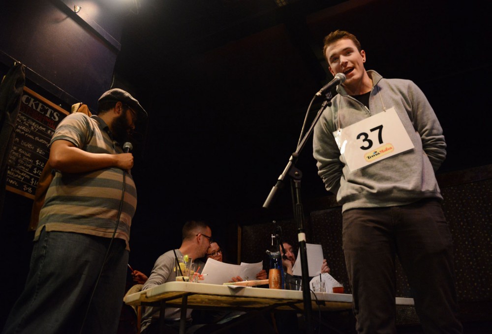 Sam Linnell attempts to spell a word during Trivia Mafias Drinking Spelling Bee at 331 Club on Saturday, Feb. 21. Trivia Mafia, which holds trivia nights at over 38 bars in Minnesota, holds the Drinking Spelling Bee every first and third Saturday of the month at 331. 