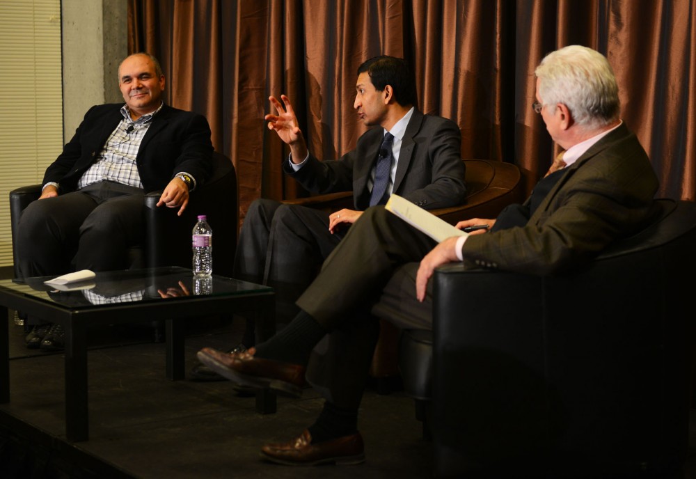 Economics professor Raj Chetty participates in a discussion at McNamara Alumni Center on Thursday. The audience asked questions related to the current economic climate and social mobility.