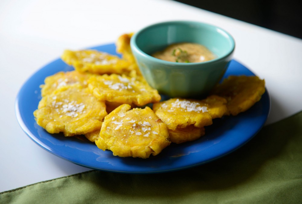 Fried plantain chips with sea salt and a chipotle aioli dipping sauce.