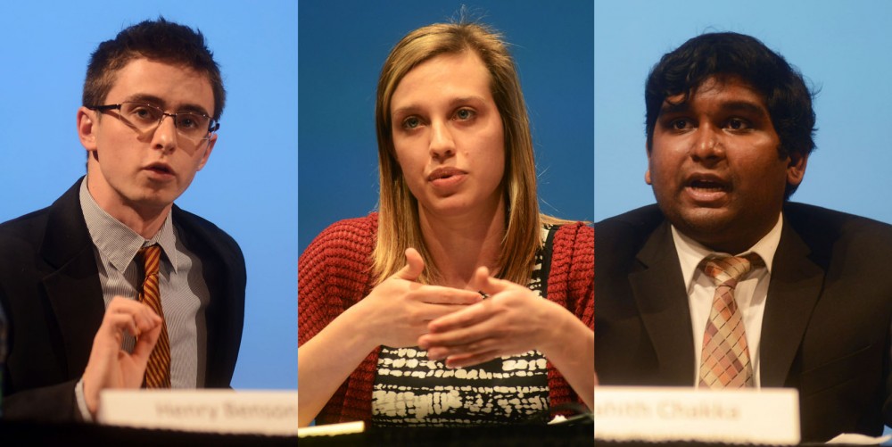 The Minnesota Student Association presidential candidates Henry Benson, Joelle Stangler and Prahith Chakka debate at Coffman Memorial Union on Wednesday evening.