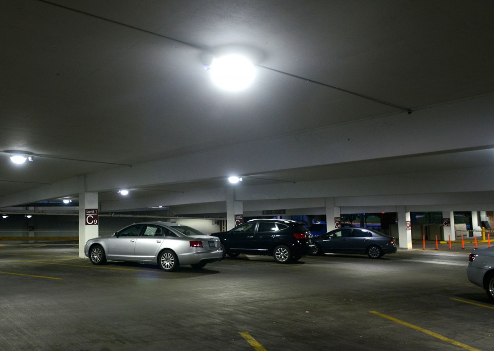 The Gortner Avenue Ramp sits on the St. Paul campus on Sunday evening. The ramp was granted two awards from the Better Buildings Alliances Lighting Energy Efficiency in Parking for the greatest percent of savings in a single structure as well as the best use of lighting controls in a single parking facility.