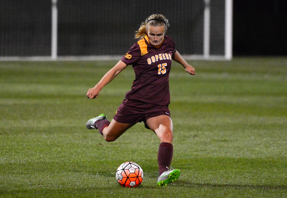 Sophmore Maddie Gaffney kicks the ball at the Elizabeth Lyle Robbie Stadium on Friday evening where the Gophers defeated the New Mexico Labos 1-0. Gaffneys goal was the first of her collegiate career.