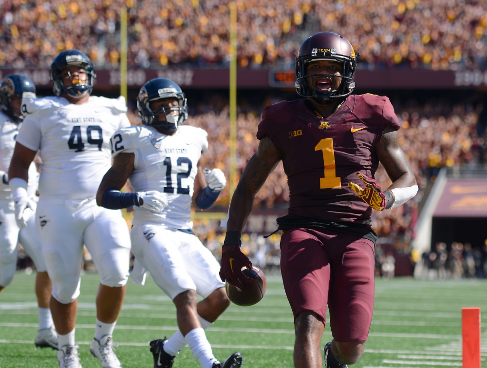 Wide receiver KJ Maye enters the end zone, scoring a touchdown in the second quarter at TCF Bank Stadium on Saturday where the Gophers defeated Kent State 10-7.