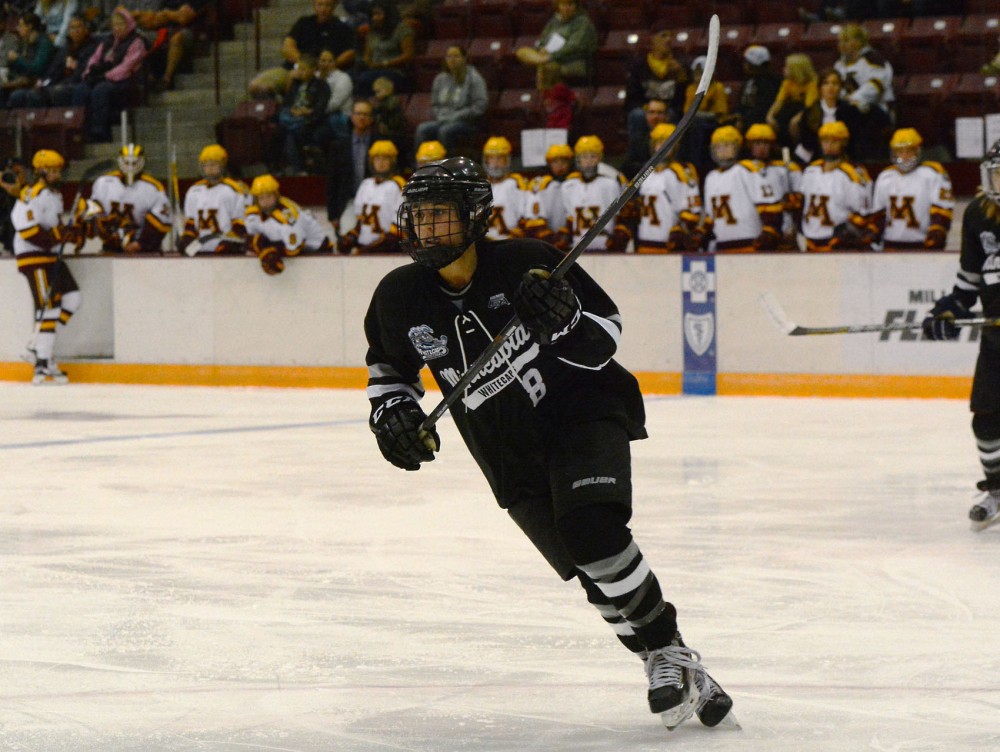 Whitecaps forward and former Minnesota hockey player Rachael Bona plays against the Gophers at Ridder Arena on Thursday, Sept. 24.