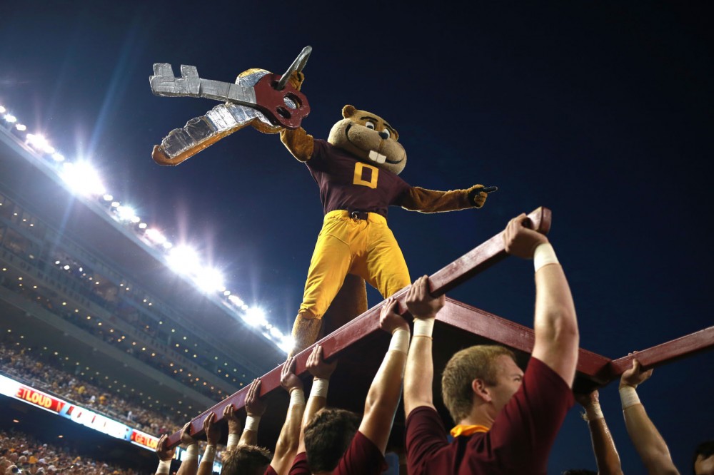 Goldy Gopher pumps up the crowd during kick off at TCF Bank Stadium as the Gophers face Texas Christian University on Sept. 3.