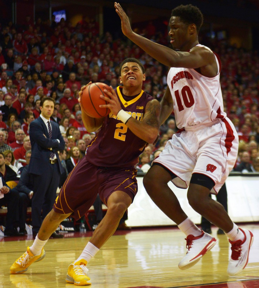 Minnesota guard Nate Mason drives the ball to the basket in the second half against the University of Wisconsin-Madison on Feb. 21, 2015 in Madison, Wis.