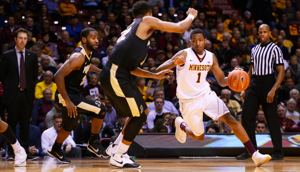Freshman guard Dupree McBrayer drives towards the basket at Williams Arena on Wednesday night where Minnesota was defeated by Purdue 68-64.